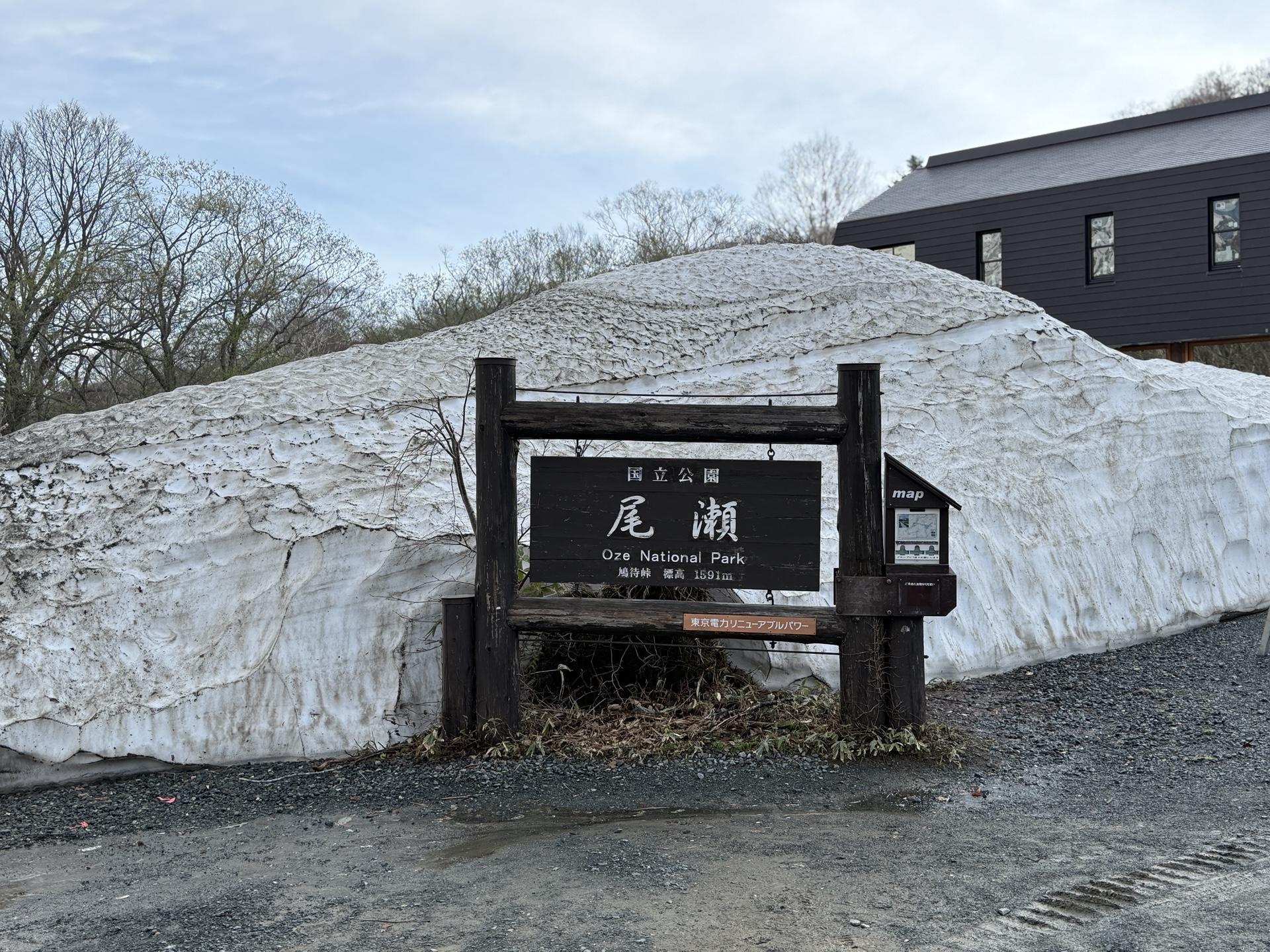 尾瀬 鳩待峠 国立公園看板 雪の壁 2025年5月