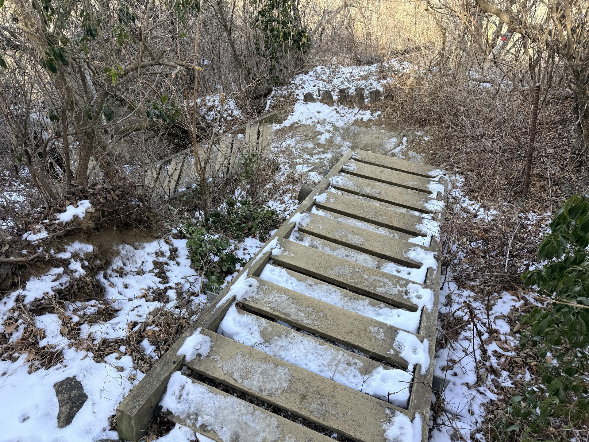 木段に雪が残っている チェーンスパイク不要