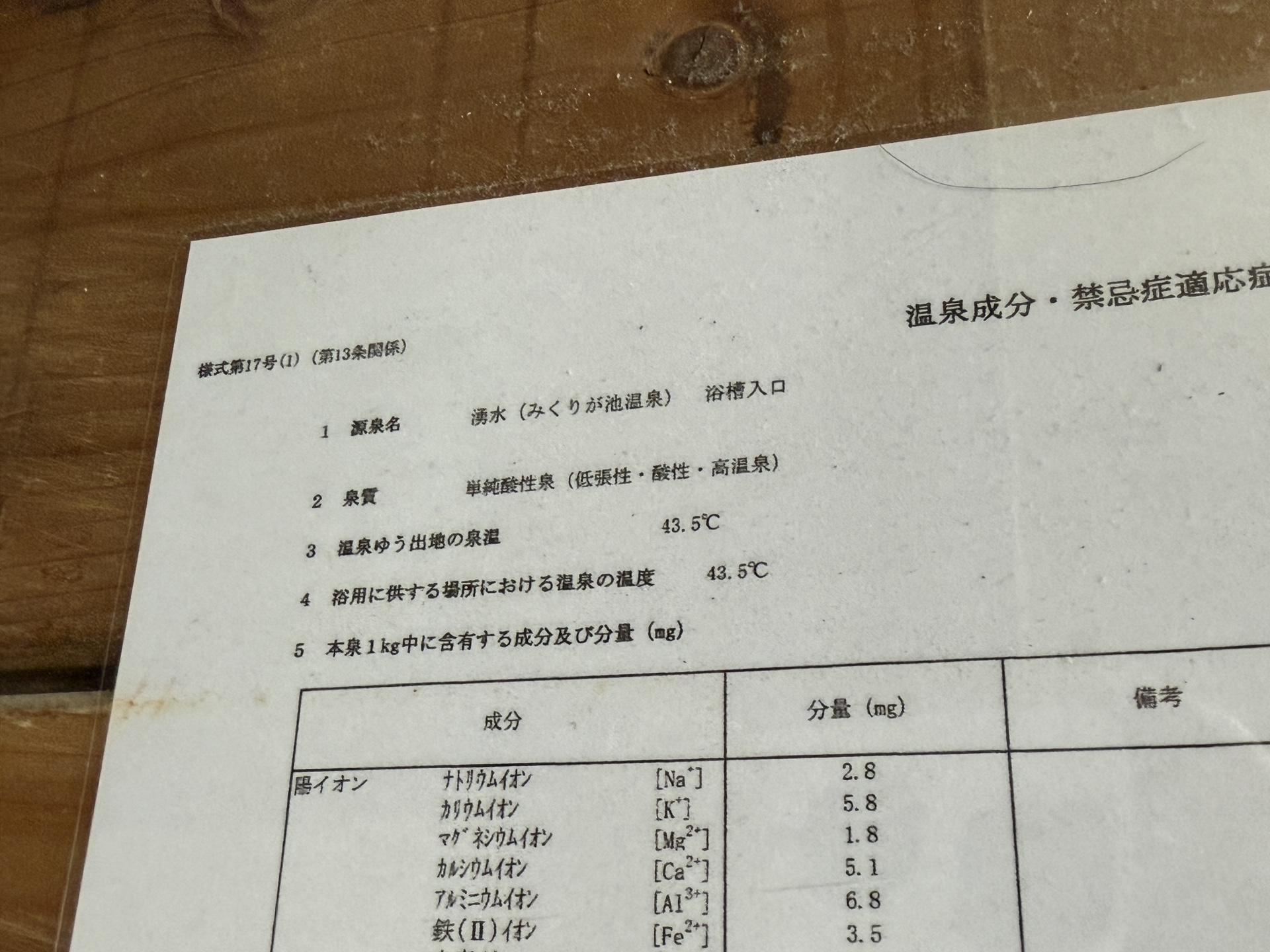 温泉の成分。温度は43.5℃と熱い🥵