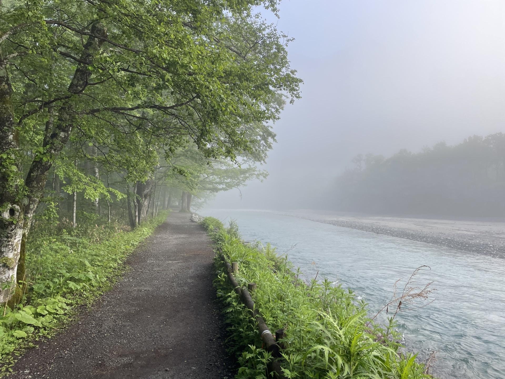 梓川沿いの遊歩道 朝霧 上高地