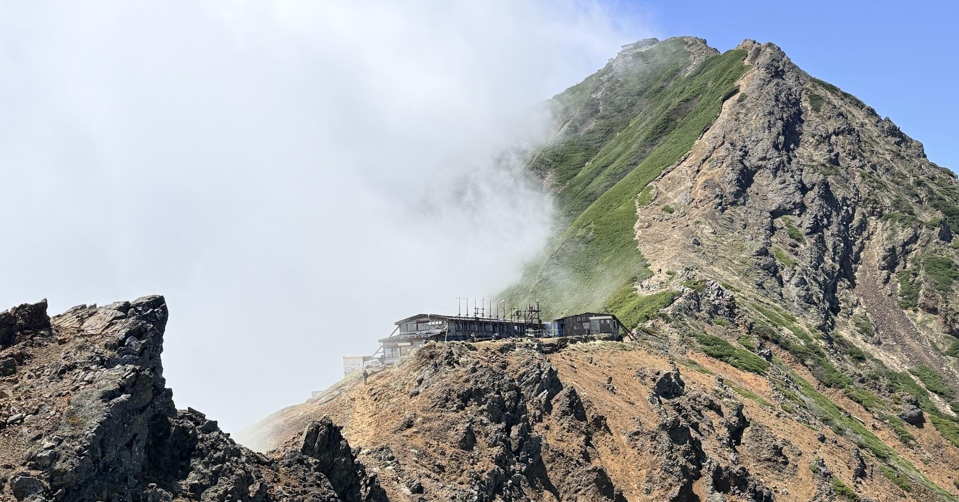 赤岳 地蔵尾根から望む赤岳天望荘と赤岳山頂