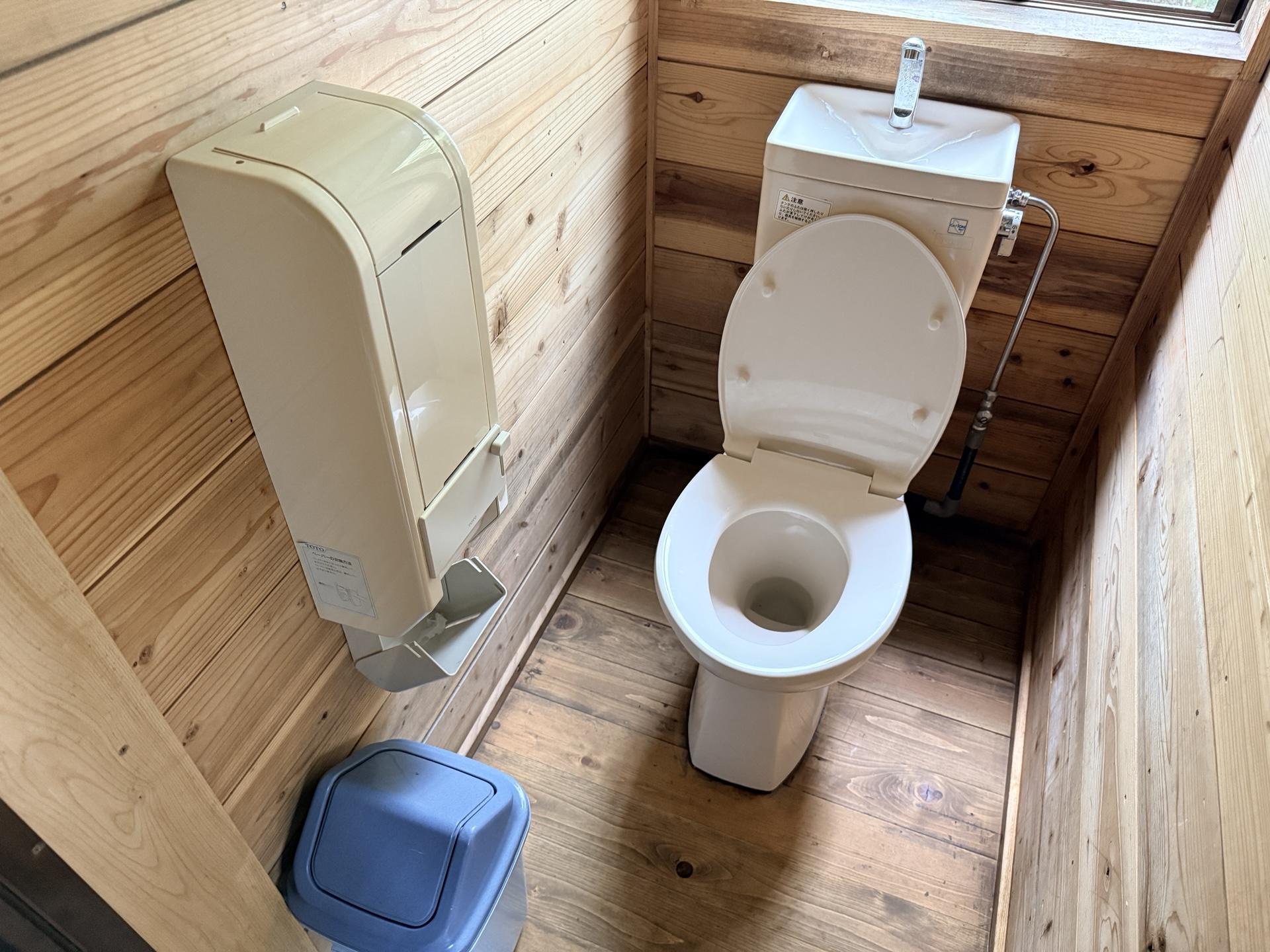 洋式の水洗トイレ 拭いた後の紙は目の前のゴミ箱に捨てるタイプ とても綺麗なトイレ