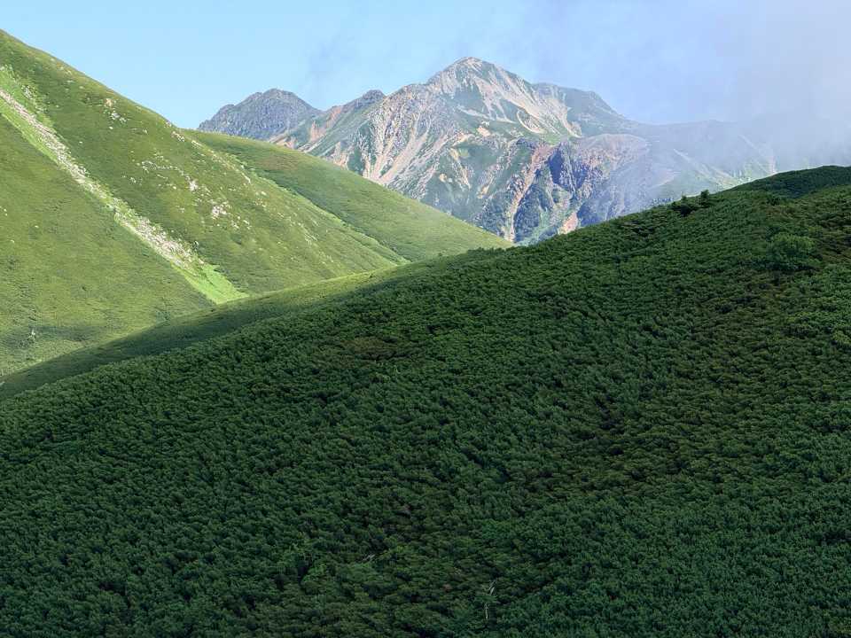 稜線から望む鷲羽岳と水晶岳