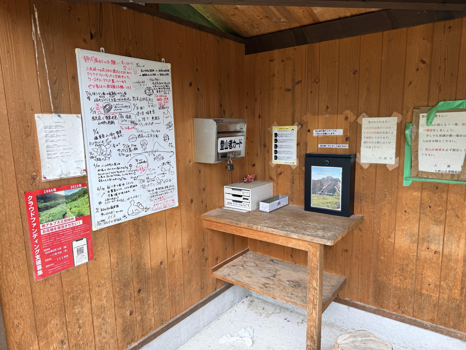 東屋の中の様子 こちらにも登山ポストがある📮