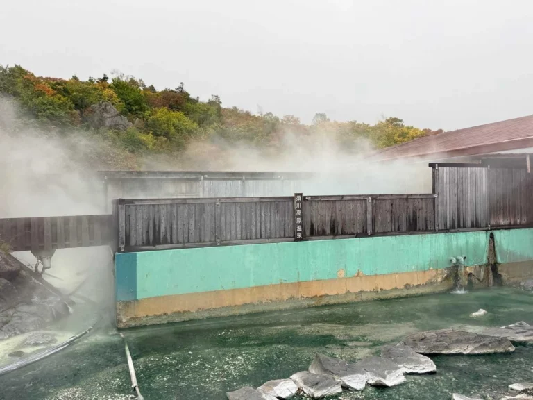 須川高原温泉の露天風呂を外から望む。湯気が上がっている