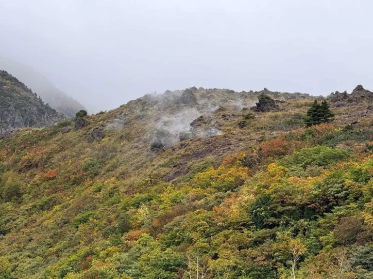 名残ヶ原から望む、湯気の上がる「ゆげ山」