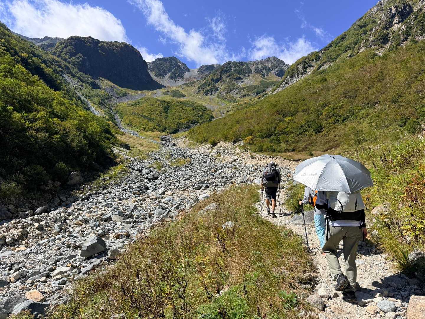 槍ヶ岳への山行で撮影した日傘で歩く槍沢